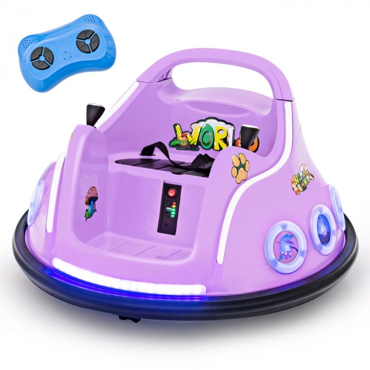 Purple 12V electric ride-on car with remote control, LED lights, and 360-degree rotation for fun playtime.